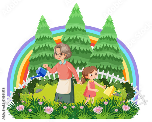 Grandmother and her niece gardening