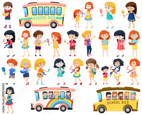 Set of cute school kids cartoon characters