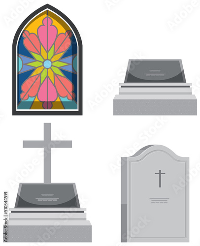 Set of different gravestones on white background