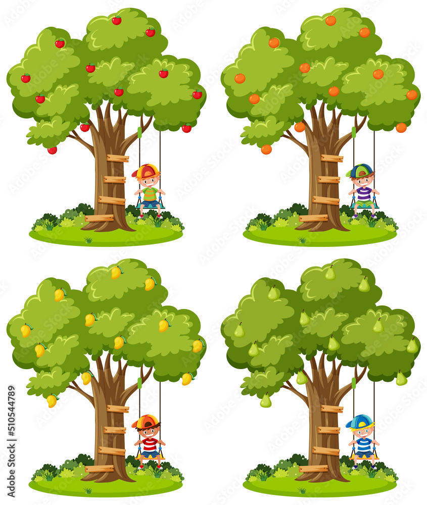 Set of kids playing swing under trees