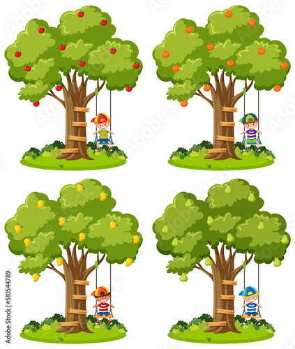 Set of kids playing swing under trees
