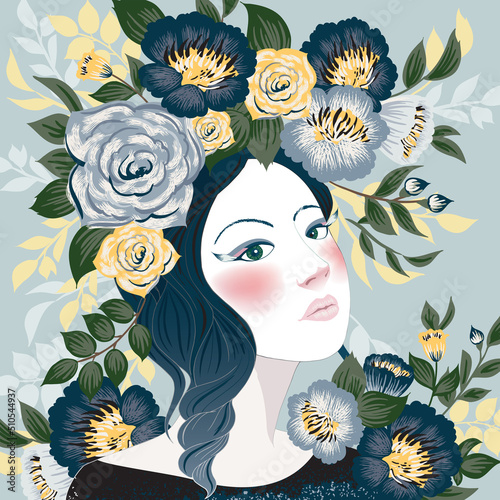 Vector illustration of a woman decorating her hair with flowers. Design for invitation card, picture frame, poster, scrapbook 