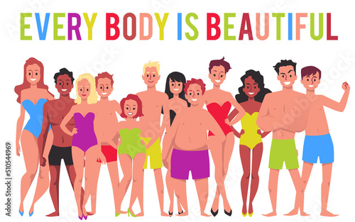 Banner with men and women of different figure types, flat vector isolated.