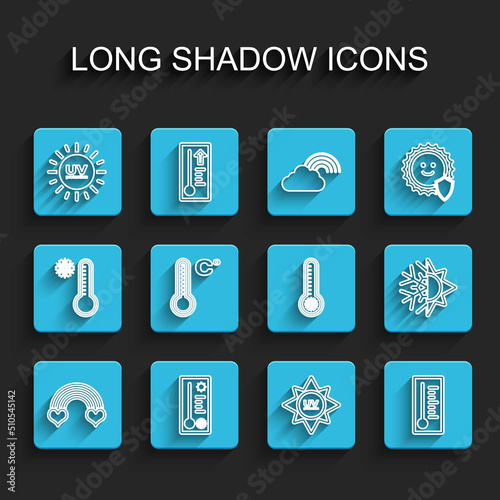 Set line Rainbow with heart, Meteorology thermometer, UV protection, Sun and snowflake and icon. Vector