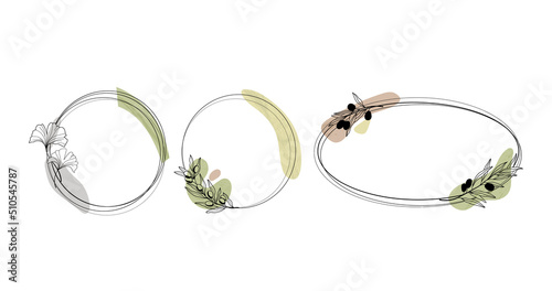 Elegant frames in greece style with abstract elements isolated clip arts bundle, round and oval elegant frames set, floral olive branch decorative designs for text - vector illustrations