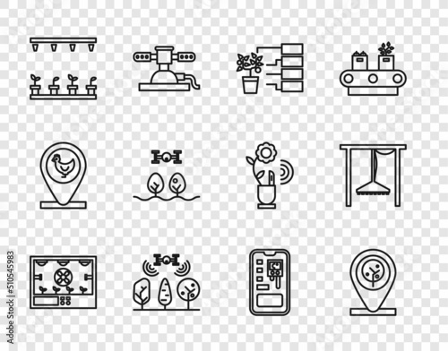 Set line Smart farming technology, Location and tree, Flower analysis, with drone, Automatic irrigation sprinklers, control system and icon. Vector