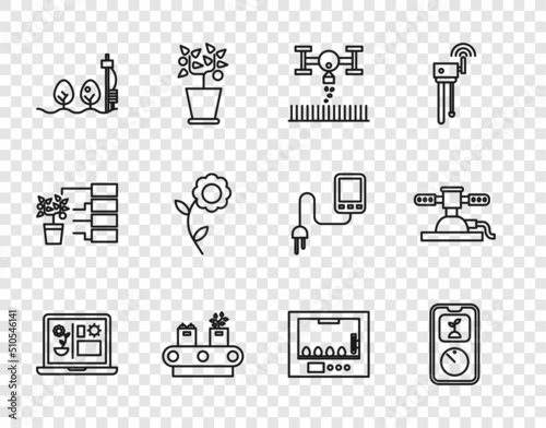 Set line Smart farming technology, with drone, Conveyor belt box, Standalone sensor and plant, Flower, Incubator for eggs and Automatic irrigation sprinklers icon. Vector