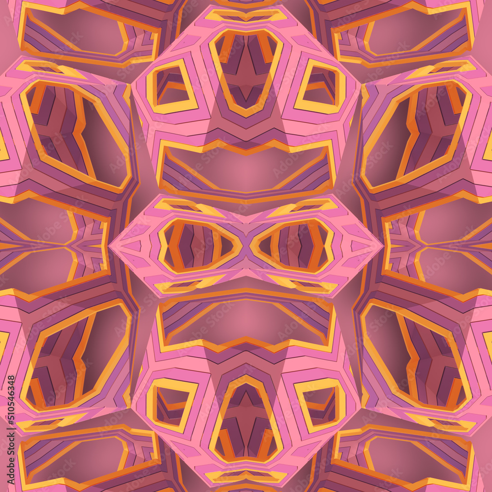 Pink psychedelic kaleidoscopic pattern. Abstract geometric background in trendy style. 3d rendering digital illustration