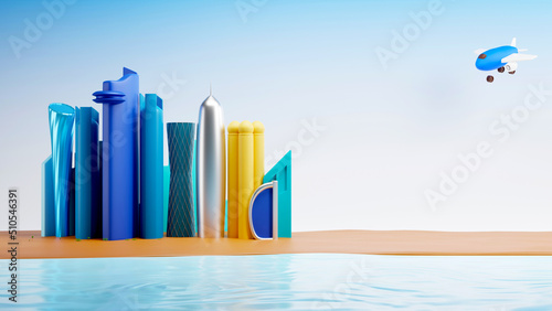 Платно 3d Render Of Skyscraper Buildings And Spaceship On Beach Side Background