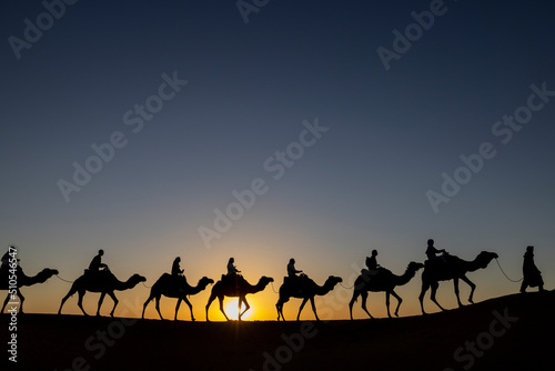 Caravana de camellos en el desierto del Sahara. Merzouga, Marruecos.