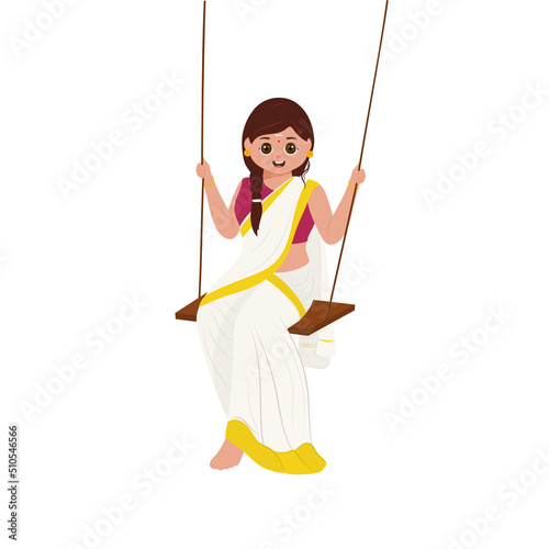 Illustration Of South Indian Young Woman Swinging On White Background.