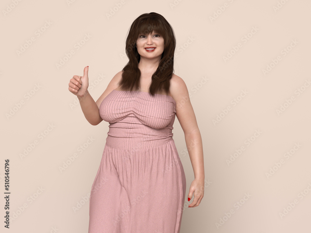 3D Render : Portrait of standing endomorph (overweight) female body type, Smiling Plus size woman happily posting thumb up body gesture 3D Render : Portrait of standing endomorph (overweight) female body type, Smiling Plus size woman happily posting thumb up body gesture