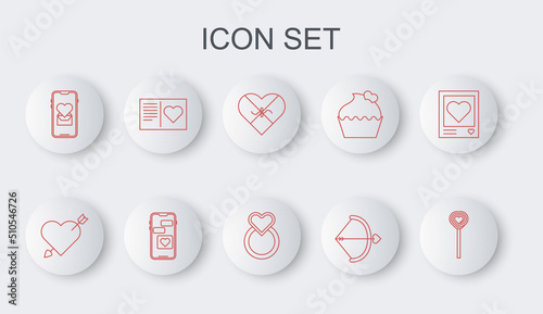 Set line Lollipop, Amour with heart and arrow, Candy in shaped box, Bow, Mobile, Valentines day flyer, and Wedding rings icon. Vector