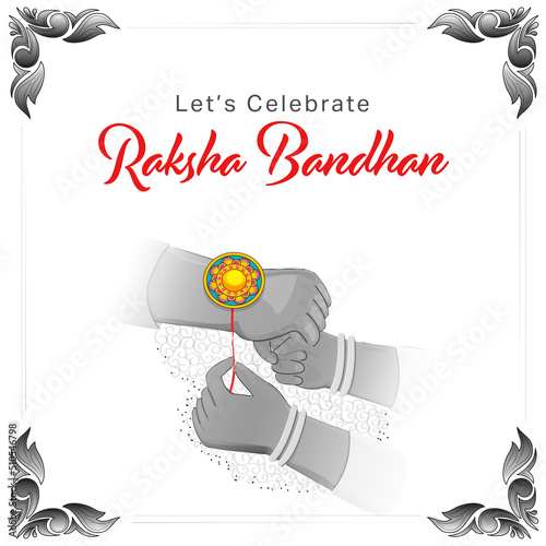 Let's Celebrate Raksha Bandhan Message Text With Close View Of Sister Tying Rakhi (Wristband) To Her Brother On White Background.