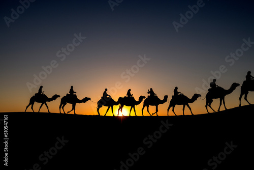 Caravana de camellos en el desierto del Sahara. Merzouga, Marruecos.