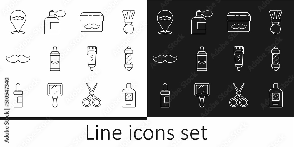 Set line Bottle of shampoo, Cream or lotion cosmetic jar, Shaving gel foam, Mustache, Barbershop, Electrical hair clipper shaver and Aftershave bottle with atomizer icon. Vector