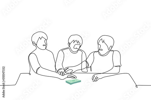 man pulling hands to stack of money on table - one line drawing vector. concept of competition, metaphor of observers, greed and ambition, caught red-handed