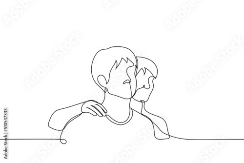 male friends stand side by side in an embrace - one line drawing vector. concept male friendship, support, skinship