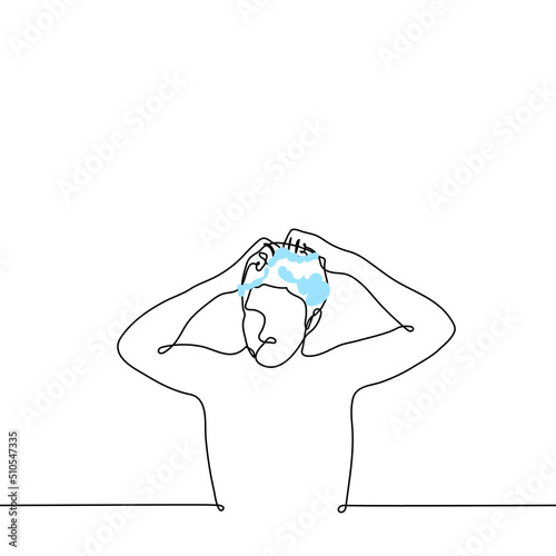 man washes his head with foam on his hair - one line drawing vector. the concept of shampoo for men, hair and head hygiene