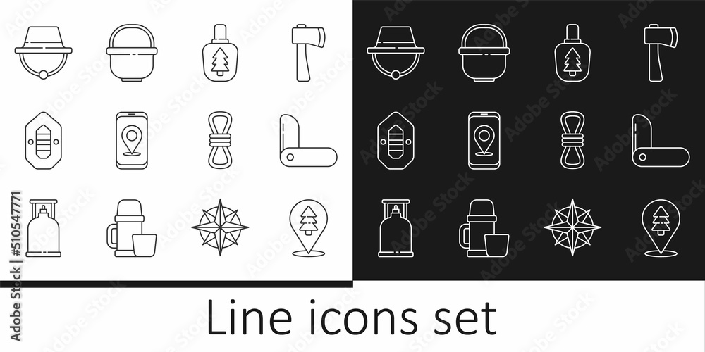 Set line Location of the forest, Swiss army knife, Canteen water bottle, City map navigation, Rafting boat, Camping hat, Climber rope and pot icon. Vector