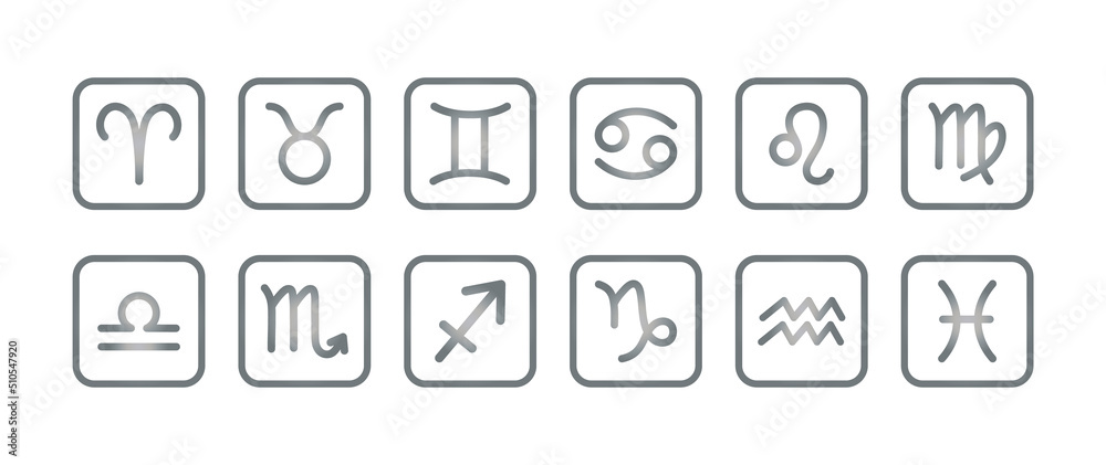 Zodiac signs set, astrological symbols of twelve zodiacal constellations. Vector illustrations, isolated on white background. Horoscope elements and celestial silver gradient square icons. Zodiac signs set, astrological symbols of twelve zodiacal constellations. Vector illustrations, isolated on white background. Horoscope elements and celestial silver gradient square icons.