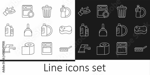 Set line Brush for cleaning, Sponge, Trash can, Dustpan, Bottles agent, Washing hands with soap, Dishwashing liquid bottle plate and Kitchen dishwasher machine icon. Vector