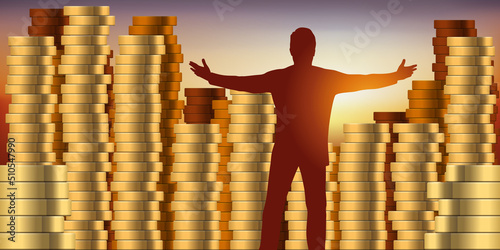 Concept de gagner de l’argent et de s’enrichir, avec un homme d’affaires qui fait face à sa fortune, en écartant les bras.