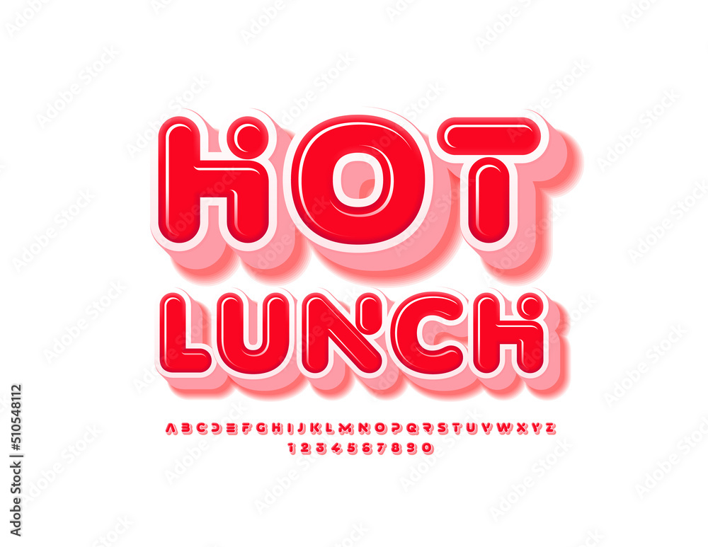 Vector modern Emblem Hot Lunch. Bright Stylish Font. Artistic Red Alphabet Letters and Numbers