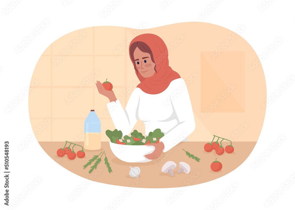 Preparing healthy and delicious salad 2D vector isolated illustration. Woman cooking in kitchen flat character on cartoon background. Colourful editable scene for mobile, website, presentation Preparing healthy and delicious salad 2D vector isolated illustration. Woman cooking in kitchen flat character on cartoon background. Colourful editable scene for mobile, website, presentation