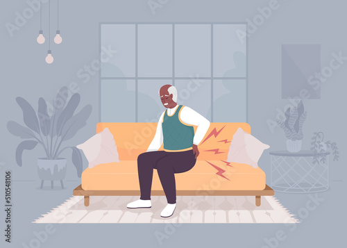 Degenerative joint disease in elderly flat color vector illustration. Old man with aching back. Painful health condition. Fully editable 2D simple cartoon character with cozy interior on background