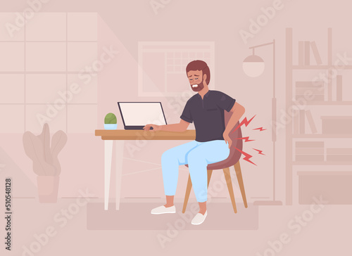 Back pain due to prolonged sitting flat color vector illustration. Bearded man with pinched nerves in lower back. Fully editable 2D simple cartoon character with cozy office interior on background