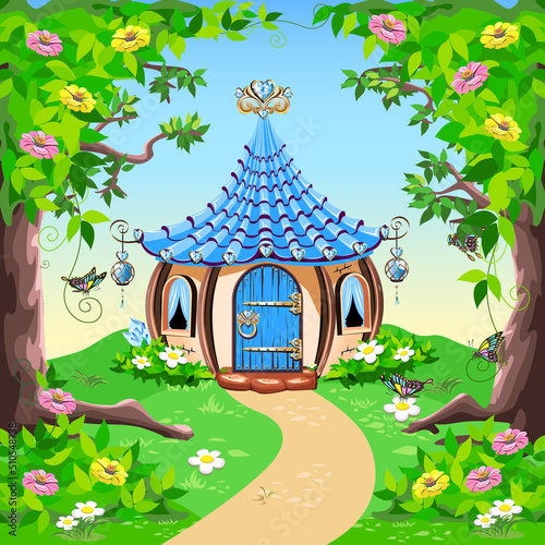 A fairy tale house with a blue roof and blue hearts stands in a fairy tale forest. Vector illustration of a magic house for a fairy.