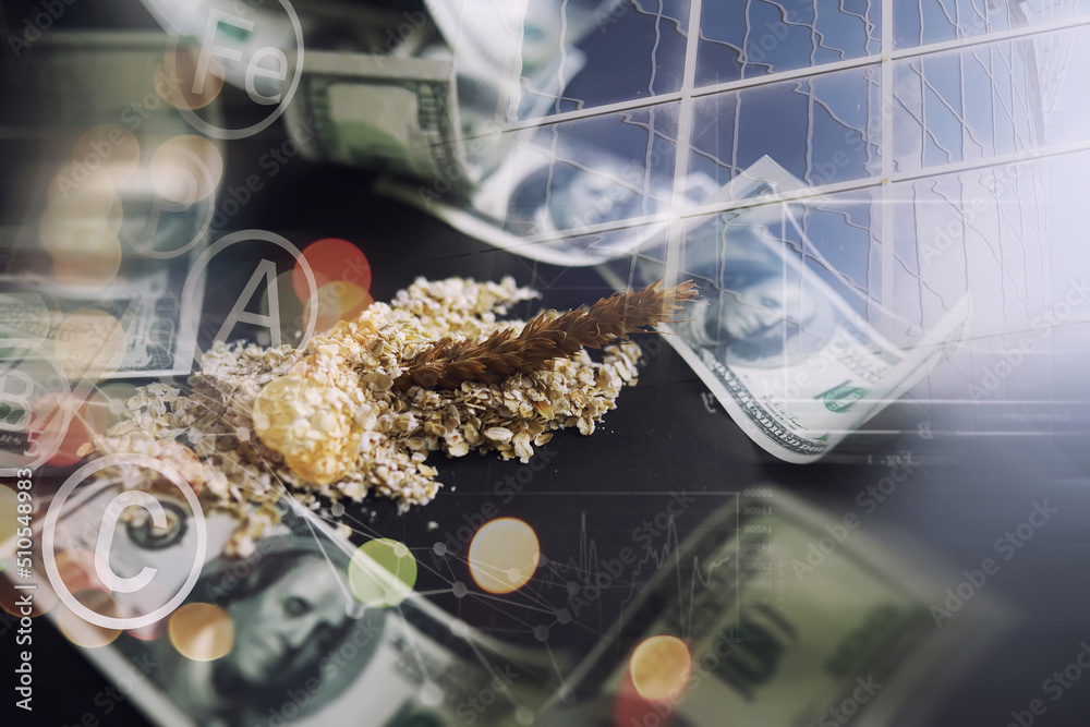 Fototapeta premium World grain crisis. Double exposure. A handful of cereals and 100 dollar banknotes on a blue background.
