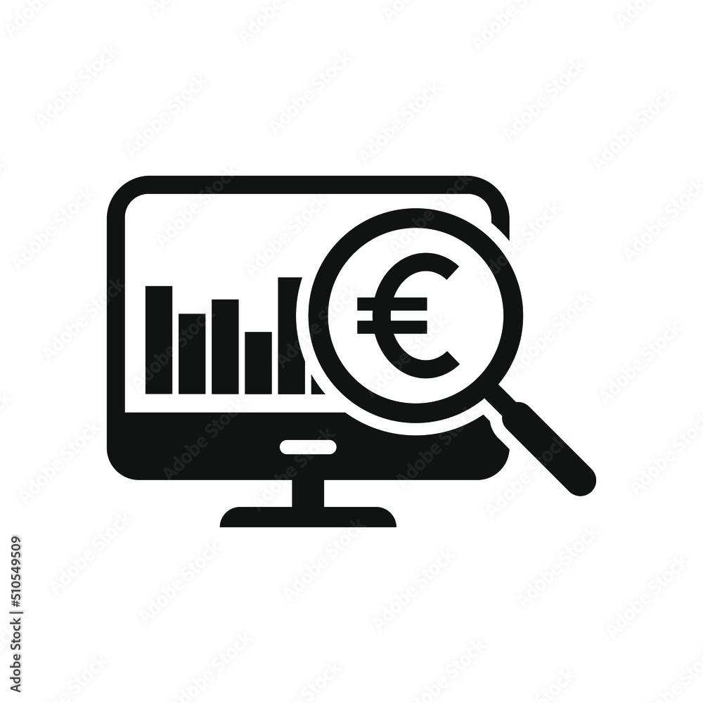 Euro sign on computer screen. Financial research, money analysis icon concept isolated. Vector illustration Euro sign on computer screen. Financial research, money analysis icon concept isolated. Vector illustration