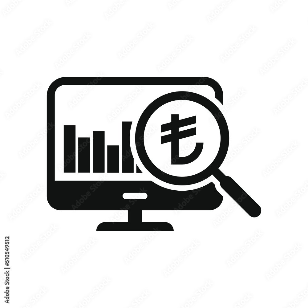Turkish lira sign on computer screen. Financial research, money analysis icon concept isolated. Vector illustration Turkish lira sign on computer screen. Financial research, money analysis icon concept isolated. Vector illustration