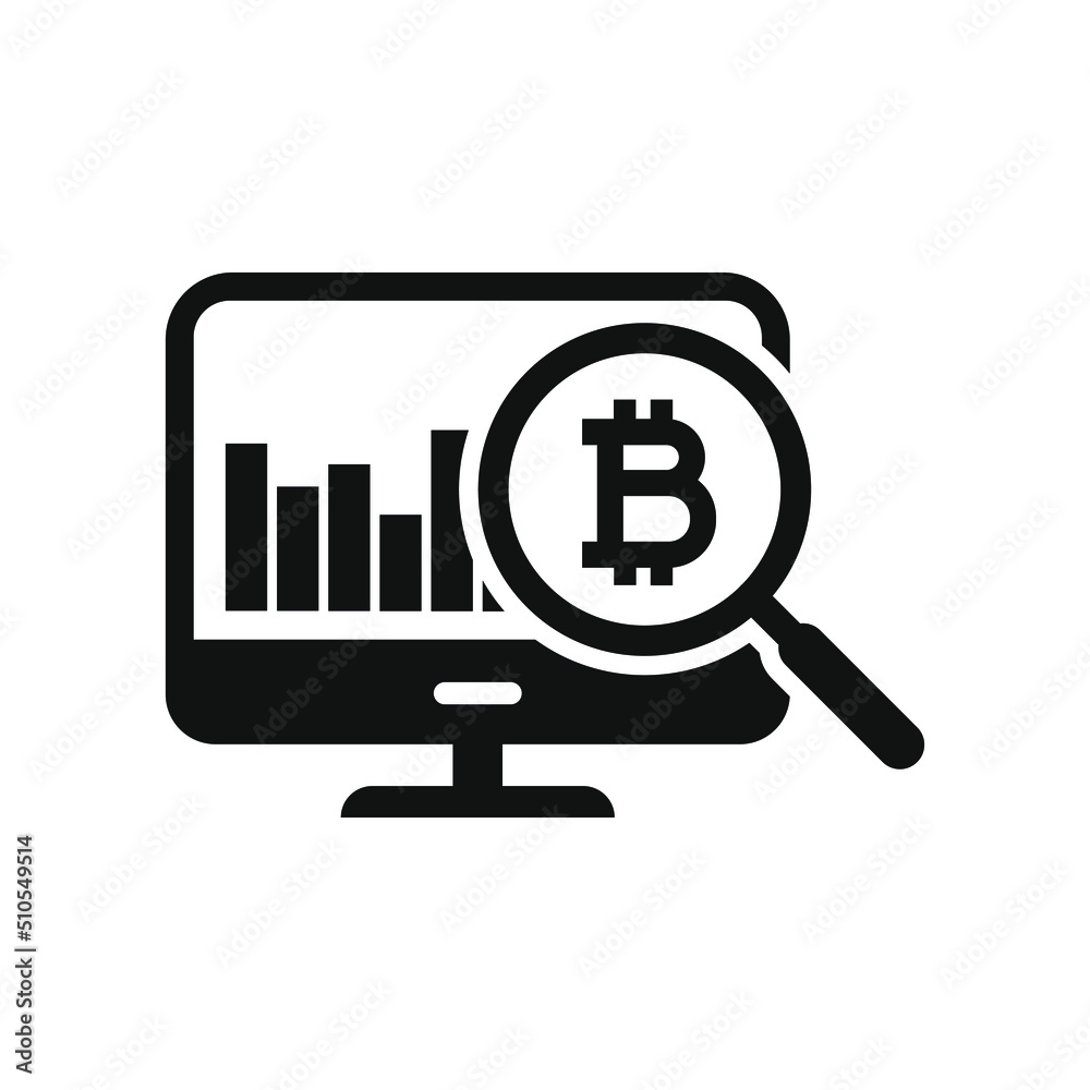 Bitcoin sign on computer screen. Financial research, money analysis icon concept isolated. Vector illustration Bitcoin sign on computer screen. Financial research, money analysis icon concept isolated. Vector illustration