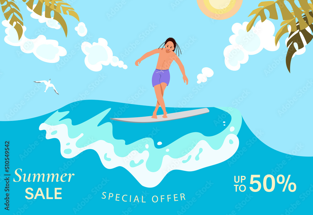 Female surfer on Summer Sale bright colorful banner