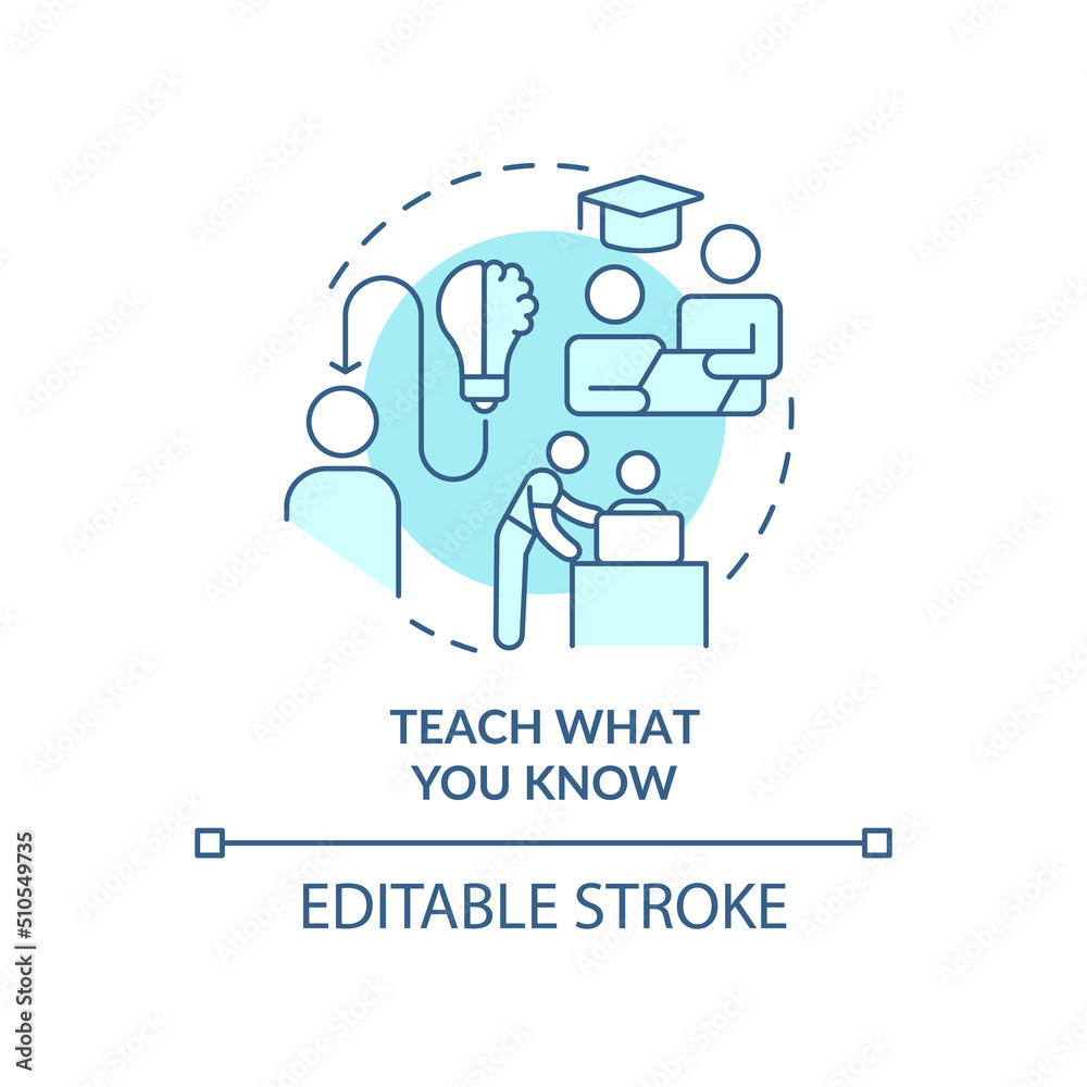 Teach what you know turquoise concept icon. Share knowledge. Learning technique abstract idea thin line illustration. Isolated outline drawing. Editable stroke. Arial, Myriad Pro-Bold fonts used Teach what you know turquoise concept icon. Share knowledge. Learning technique abstract idea thin line illustration. Isolated outline drawing. Editable stroke. Arial, Myriad Pro-Bold fonts used