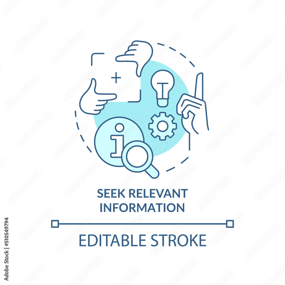 Seek relevant information turquoise concept icon. Useful knowledge. Learning abstract idea thin line illustration. Isolated outline drawing. Editable stroke. Arial, Myriad Pro-Bold fonts used Seek relevant information turquoise concept icon. Useful knowledge. Learning abstract idea thin line illustration. Isolated outline drawing. Editable stroke. Arial, Myriad Pro-Bold fonts used