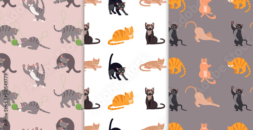 Set of Bright colorful Seamless pattern with Cute Cartoon Cats
