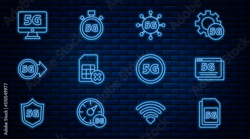 Set line 5G Sim Card, network, card rejected, Monitor with, and Digital speed meter icon. Vector