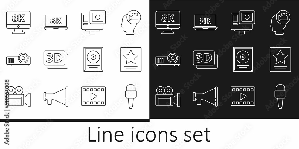 Set line Microphone, Hollywood walk of fame star, Action extreme camera, 3D word, Media projector, Monitor with 8k, CD disk award in frame and Laptop icon. Vector Set line Microphone, Hollywood walk of fame star, Action extreme camera, 3D word, Media projector, Monitor with 8k, CD disk award in frame and Laptop icon. Vector