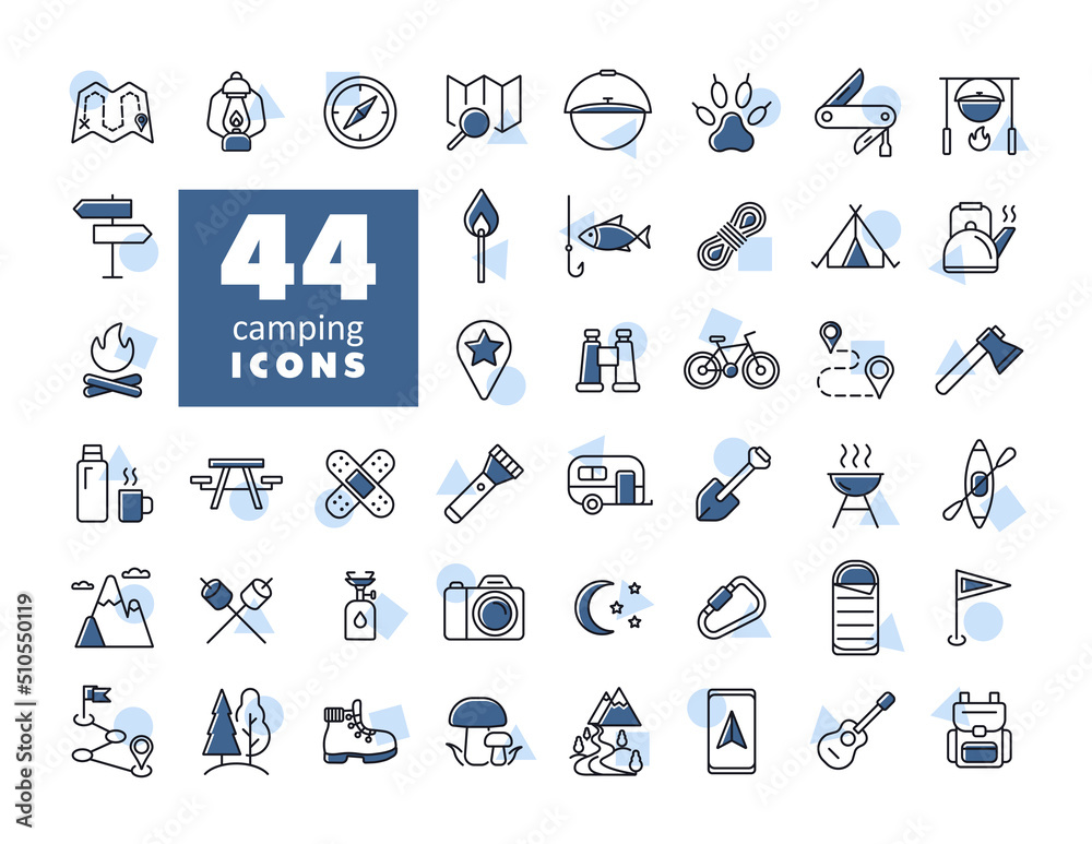 Camping, Hiking and Outdoor Activities icons set Camping, Hiking and Outdoor Activities icons set