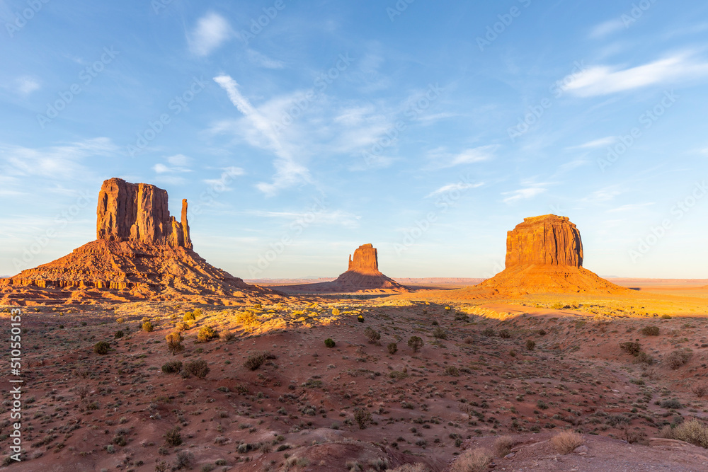 scenic view to monument valley with west mitten butte and blue sky scenic view to monument valley with west mitten butte and blue sky