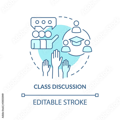 Class discussion turquoise concept icon. Group meetings. Learning environment abstract idea thin line illustration. Isolated outline drawing. Editable stroke. Arial, Myriad Pro-Bold fonts used