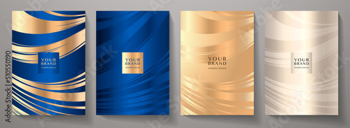 Premium cover design set. Wavy lux background with line pattern (wavy curves). Luxury vector in navy blue, gold colour for business background, sport brochure template, planner, flyer a4, music poster