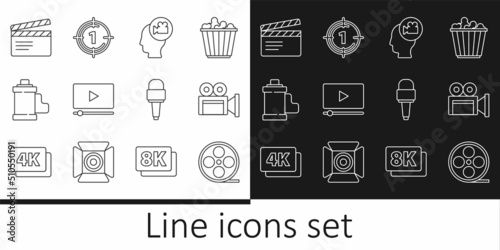Set line Film reel, Cinema camera, Head with, Online play video, Camera film roll cartridge, Movie clapper, Microphone and Old movie countdown frame icon. Vector