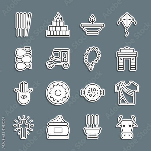 Set line Cow, Indian man dress, Gate in Delhi, Aroma lamp, Taxi tuk tuk, Tandoori chicken, sticks, incense and Rosary beads religion icon. Vector