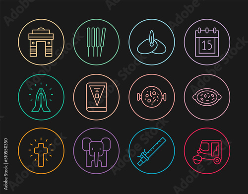 Set line Taxi tuk tuk, Kheer in bowl, Indian headgear turban, constitution day, Hands praying position, Gate Delhi, Chicken tikka masala and Aroma sticks, incense icon. Vector