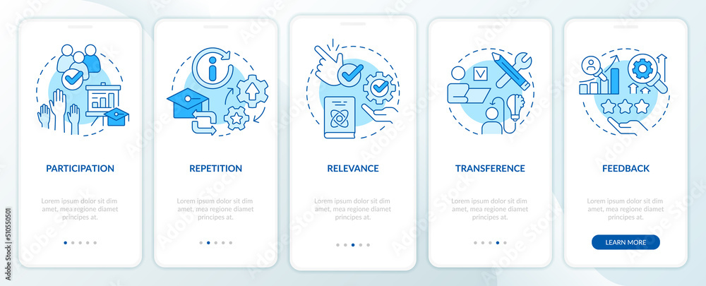 Principles of learning for students blue onboarding mobile app screen. Walkthrough 5 steps editable graphic instructions with linear concepts. UI, UX, GUI template. Myriad Pro-Bold, Regular fonts used